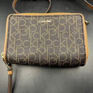 Calvin Klein Monogram‎ Zip Wallet Clutch Crossbody Bag 24 Brown Gold Chain 24"